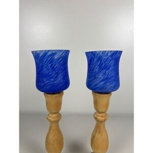 Blue Swirl Art Glass Peg Candle Holders Made in Romania Tulip Votive Set of 2